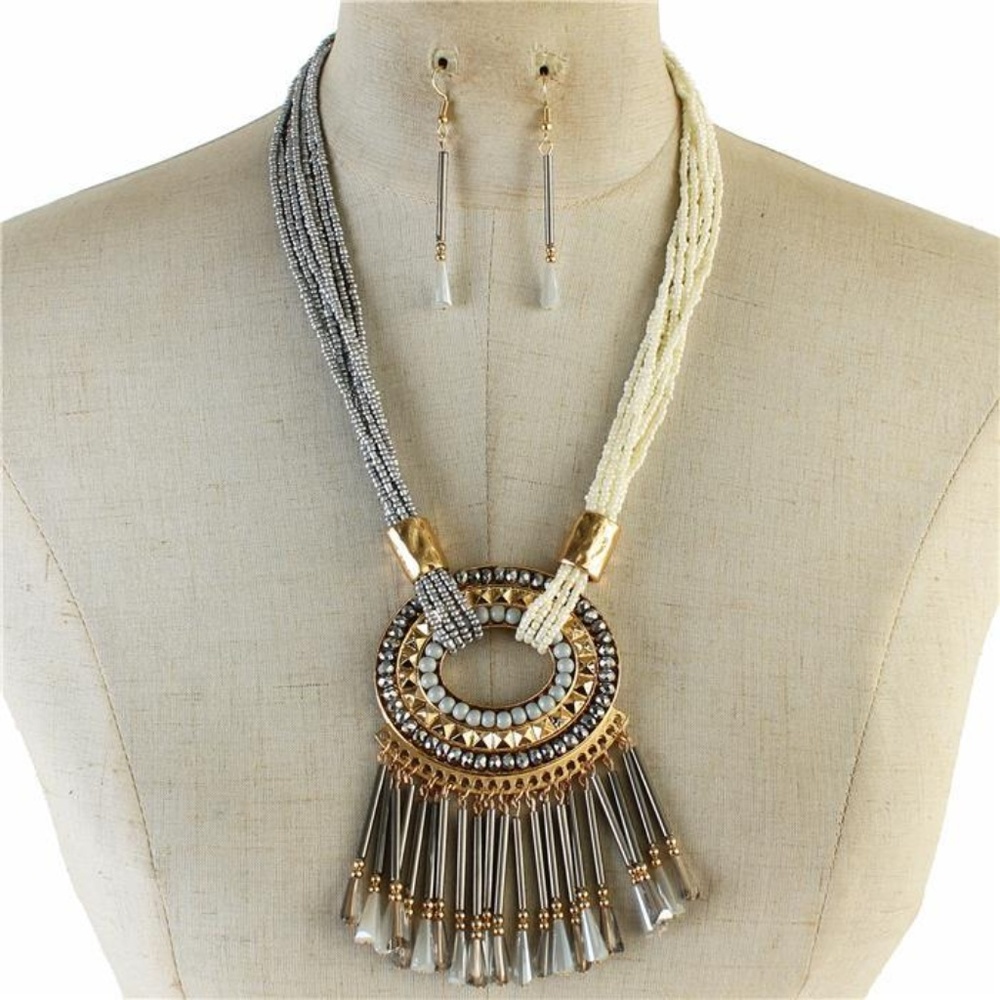 Multi Strand Grey Cream Necklace Earring Set